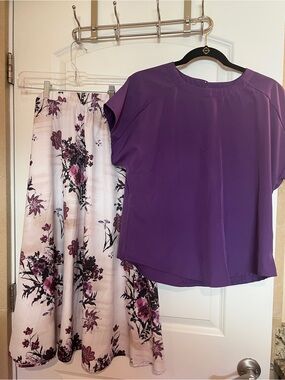 Purple Blouse and Floral Skirt Set - Women's Two-Piece Outfit